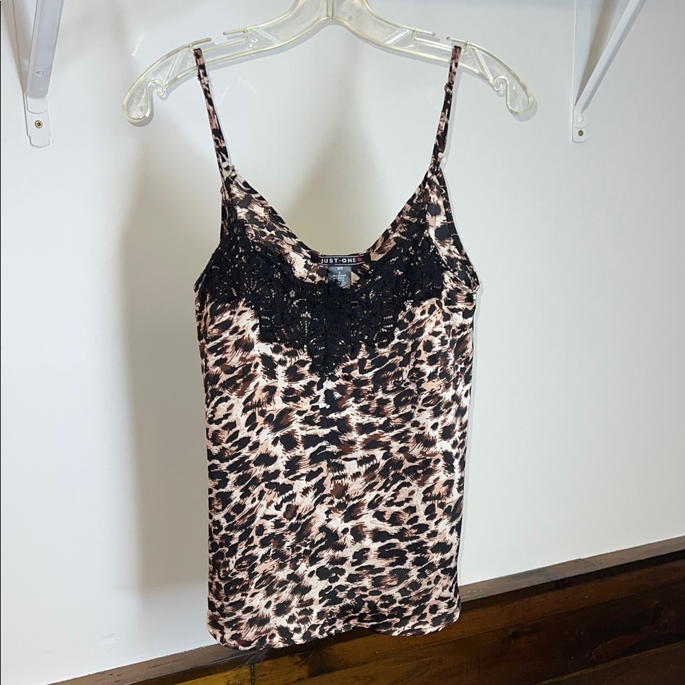 Just One Leopard Print Lace Trim Cami‎ Top- S
